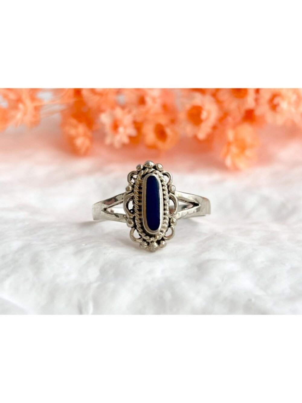 Lapis Lazuli Oval Scalloped Beaded Southwest Sterling Silver 925 Vintage Ring - Picture 12 of 14
